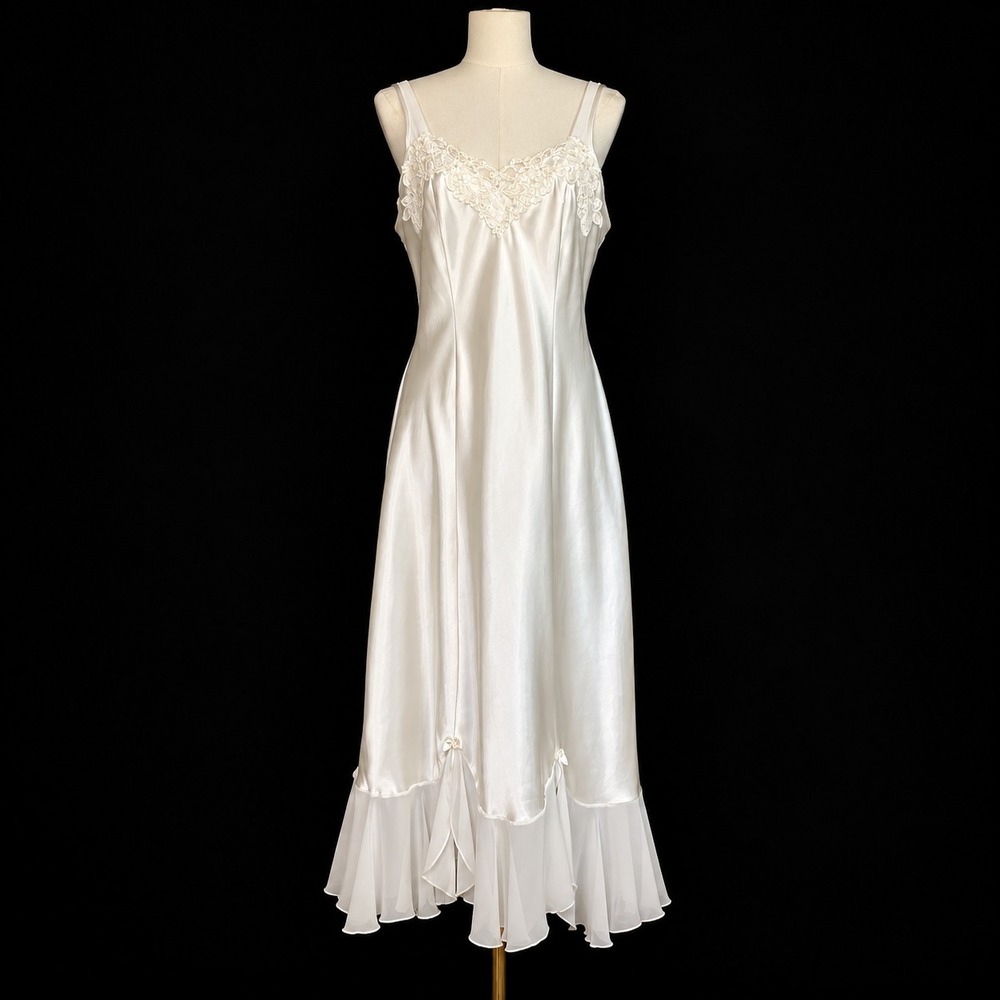 Vintage Linea Donatella White Satin Lace Maxi Slip Dress Ruffle Bridal Coquette